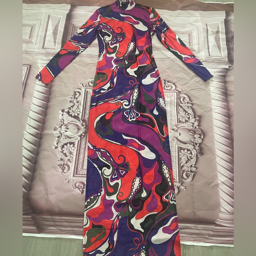 Emilio Pucci Signature Abstract Swirl Print Long Sleeve Mock Neck Maxi Dress
